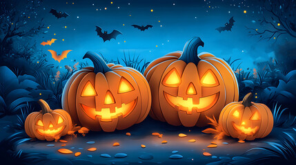 Halloween party flyer template featuring cartoon pumpkins with fun carved faces and glowing jack-o-lanterns