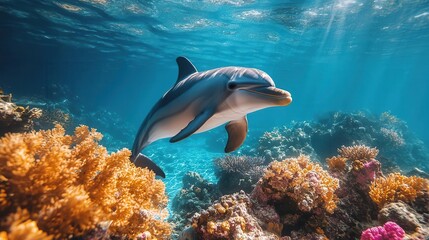 dolphin gracefully swims through crystalclear tropical waters its silhouette contrasting against vibrant coral reefs inviting exploration into the underwater world