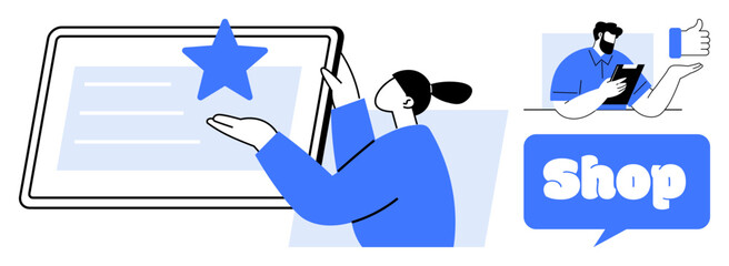 Person pointing at a star on a tablet while another person holds a tablet with a thumbs-up sign separate shop text bubble. Ideal for e-commerce, ratings, customer reviews, online shopping, digital