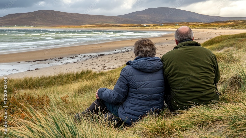 Poster A couple sits on a grassy hill overlooking a serene beach and ocean waves.