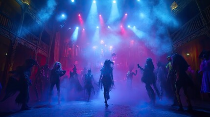 A Halloween costume contest stage with colorful spotlights, spooky fog, and contestants in creative, elaborate costumes.