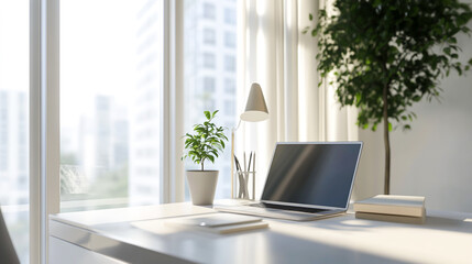 Bright Modern Workspace with Laptop and Plants
