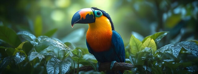 Colorful Toucan Bird with Large Beak in Rainforest Setting Illustration