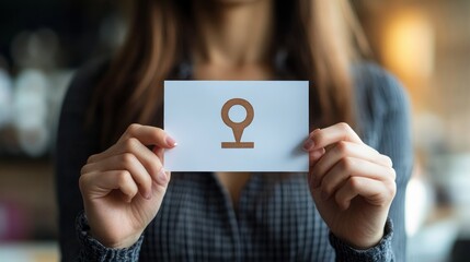 A woman's hand holds a card with a location pin symbol.