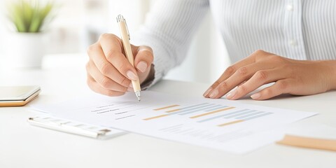 Obraz premium A person is writing on a document with a pen, surrounded by office supplies and a small plant, indicating a workspace or study environment.