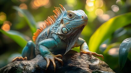 Fototapeta premium Green Iguana on Rock, Reptile, Animal, Wildlife, Nature, Lizard, Tropical, Close Up, Green, Scales, Texture, Orange, 