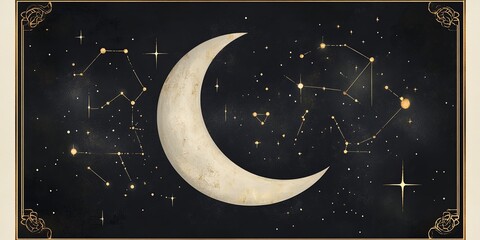 Naklejka premium A crescent moon is surrounded by constellations and stars against a dark, starry background, creating a celestial-themed illustration.