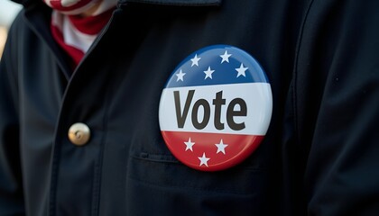 Voting supporter with patriotic feelings displaying a campaign button on a coat