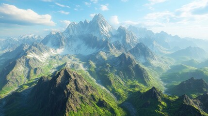 Majestic Mountain Range with Snow-Capped Peaks and Verdant Slopes