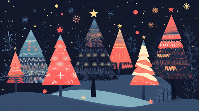 Christmas trees in minimalist geometric style for templates, cards
