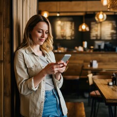 A beautiful Caucasian woman holding her smart phone and smiling inside a coffee shop, creating a relaxed atmosphere