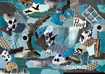 Collage mood board with blue, grey, and black colors and a young modern concept . The sheet is made of teared old waste paper of magazines and printed matter. Results in creative modern art.