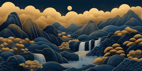 Obraz premium A serene landscape featuring rolling hills, waterfalls, and lush vegetation, bathed in warm hues under a moonlit sky with dramatic clouds.