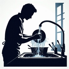 A silhouette of a person washing dishes at a sink, with water splashing