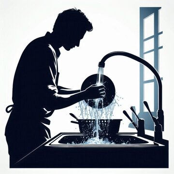 recommend clip art: A silhouette of a person washing dishes at a sink, with water splashing