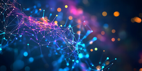 Abstract neural network. Big data concept. Global database and artificial intelligence. Bright, colorful 3D illustration with bokeh effect