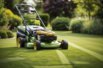 Lawn mower in the park garden