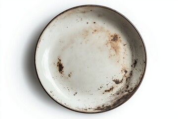 A white plate with brown spots on it. The plate is old and worn. It has a rustic, vintage look to it