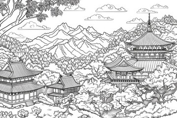 Coloring book illustration of serene temple buildings nestled in mountainous terrain during autumn Mountainous autumn landscape