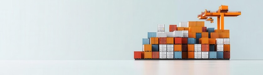 Fototapeta premium A cargo ship stacked with colorful shipping containers, showcasing logistics and transportation on a minimalist background.