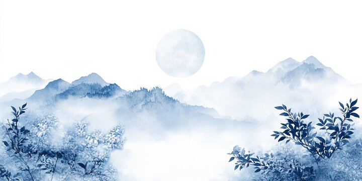 A serene landscape featuring mountains and trees, painted in soothing blue tones, creating a peaceful and tranquil ambiance.