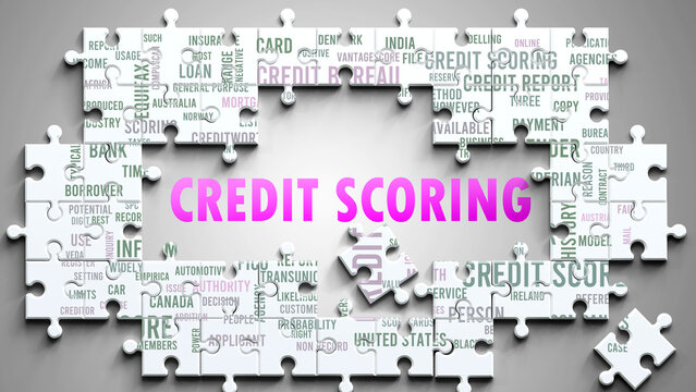 Credit Scoring as a complex subject, related to important topics. Pictured as a puzzle and a word cloud made of most important ideas and phrases related to credit scoring. ,3d illustration