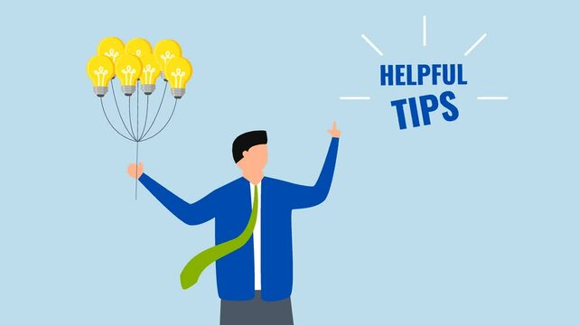 Helpful tips for business, 4k animation of Intelligent entrepreneur clutching illuminated bulb sharing valuable advice.