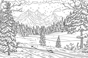 Coloring book illustration of Nordic skiing in a wintry landscape with snow covered trees and mountains