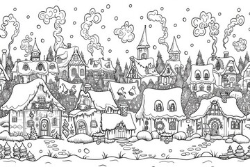 Fototapeta premium coloring book illustration of a highly detailed panoramic magical scene of a quaint snowy village on a festive night cozy cottages decorated for the holiday season with smoke rising from their chim