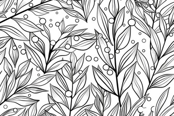 Coloring book illustration of water droplets on evergreen leaves Natural foliage design for coloring