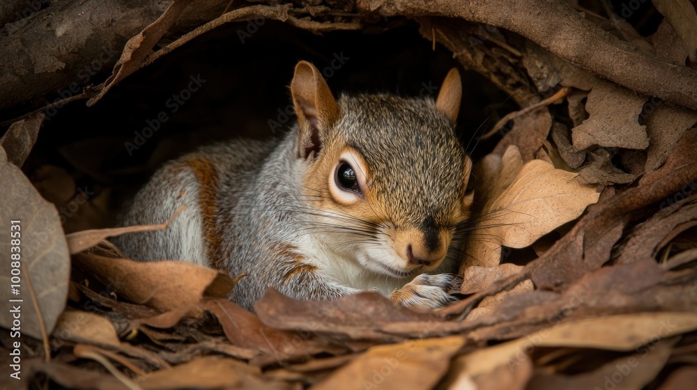 Sticker A close-up of a squirrel nestled among fallen leaves, showcasing its natural habitat.