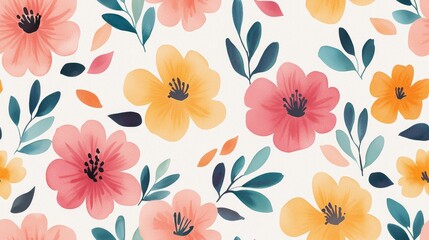 Vibrant floral pattern with colorful flowers and leaves on a light background.