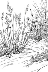 Coloring book illustration of dry grass in winter surrounded by snow Dried vegetation in a winter scene Frozen grass detail