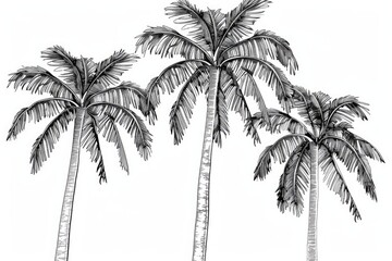 Coloring book illustration of three tall palm trees reaching towards the sky