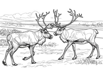 Fototapeta premium Coloring book illustration of two reindeers by the roadside
