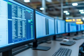 High-tech workstation with multiple monitors displaying data and analytics.