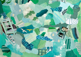 Green turquoise inspiration collage moodboard of waste paper from magazines