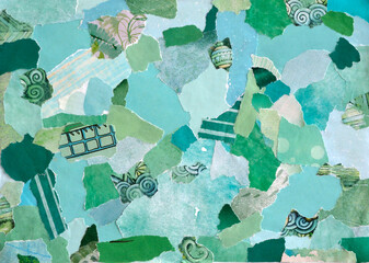 Turqoise mint green inspiration collage  moodboard of waste paper from magazines.