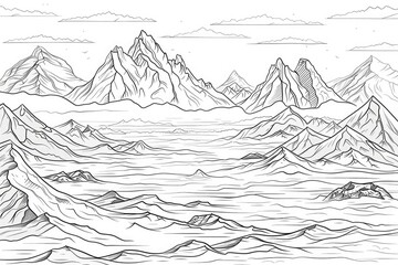Coloring book illustration of snow covered peaks rising above the landscape surrounded by a misty sky and distant rugged mountains forming a dramatic horizon