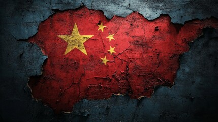 The Chinese flag painted on a cracked and weathered wall, symbolizing a nation's resilience and historical significance.
