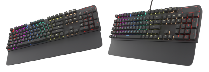 Collection of mechanical keyboards isolated on white background with clipping path. 3D rendering of streaming gear and gamer workspace concept