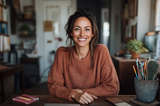 A woman with a radiant smile, sitting comfortably at a desk in a warm home setting, exuding friendliness and positivity in cozy surroundings.