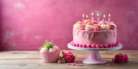pink birthday cake with candles