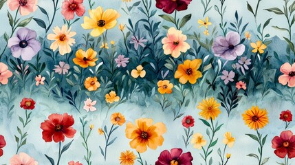 Colorful floral pattern with various flowers on a soft blue background.