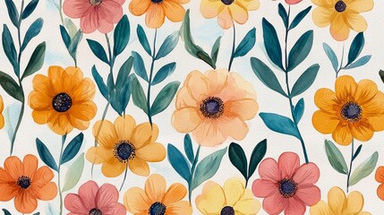 Colorful floral pattern with vibrant orange and pink flowers on a light background.