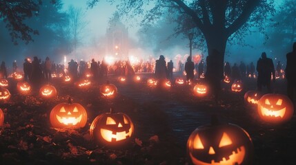 A Halloween night costume contest in a foggy graveyard, with glowing jack-o'-lanterns lighting the stage and eerie shadows cast by the mist.