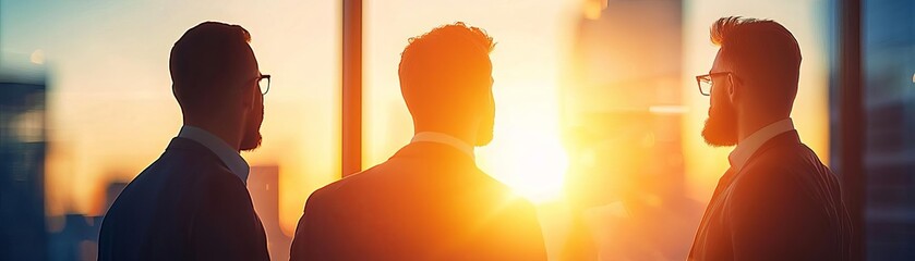 Three professionals silhouetted against a sunset backdrop.