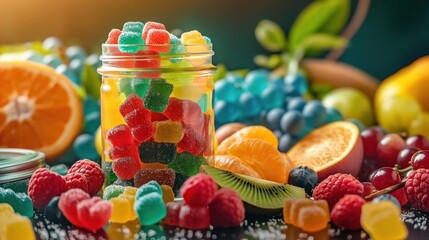 Vibrant sea moss gummies in colorful jar surrounded by fresh fruits. Gummy candies made from organic natural ingredients. Fresh fruits like citrous, lemon, orange, watermelon, and succulent fruits.