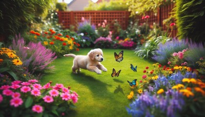 Obraz premium puppy chasing butterflies in the garden