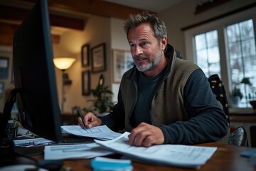 Fototapeta premium Middle-aged man analyzes paperwork at desk in a warm, inviting home office, surrounded by wooden elements and soft lighting, creating a productive atmosphere.